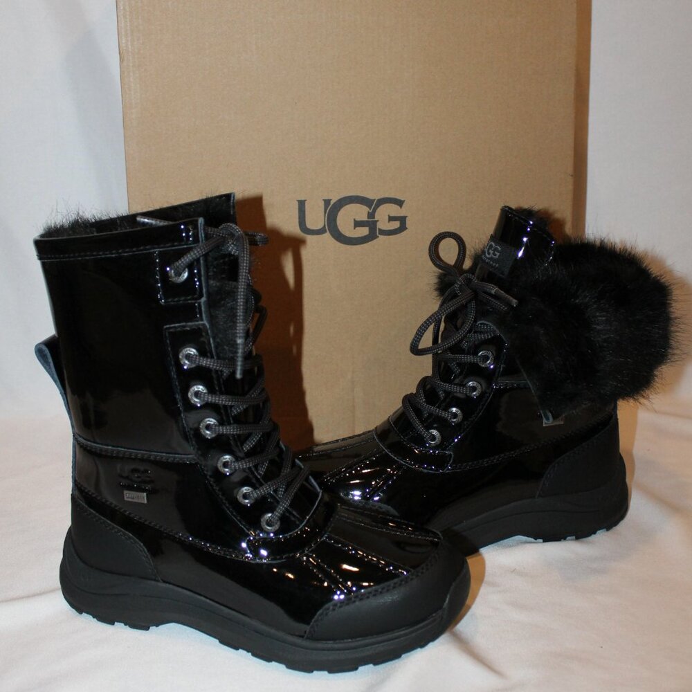 NIB UGG WOMEN'S PATENT LEATHER ADIRONDACK III SHEARLING LINED BOOTS BLACK